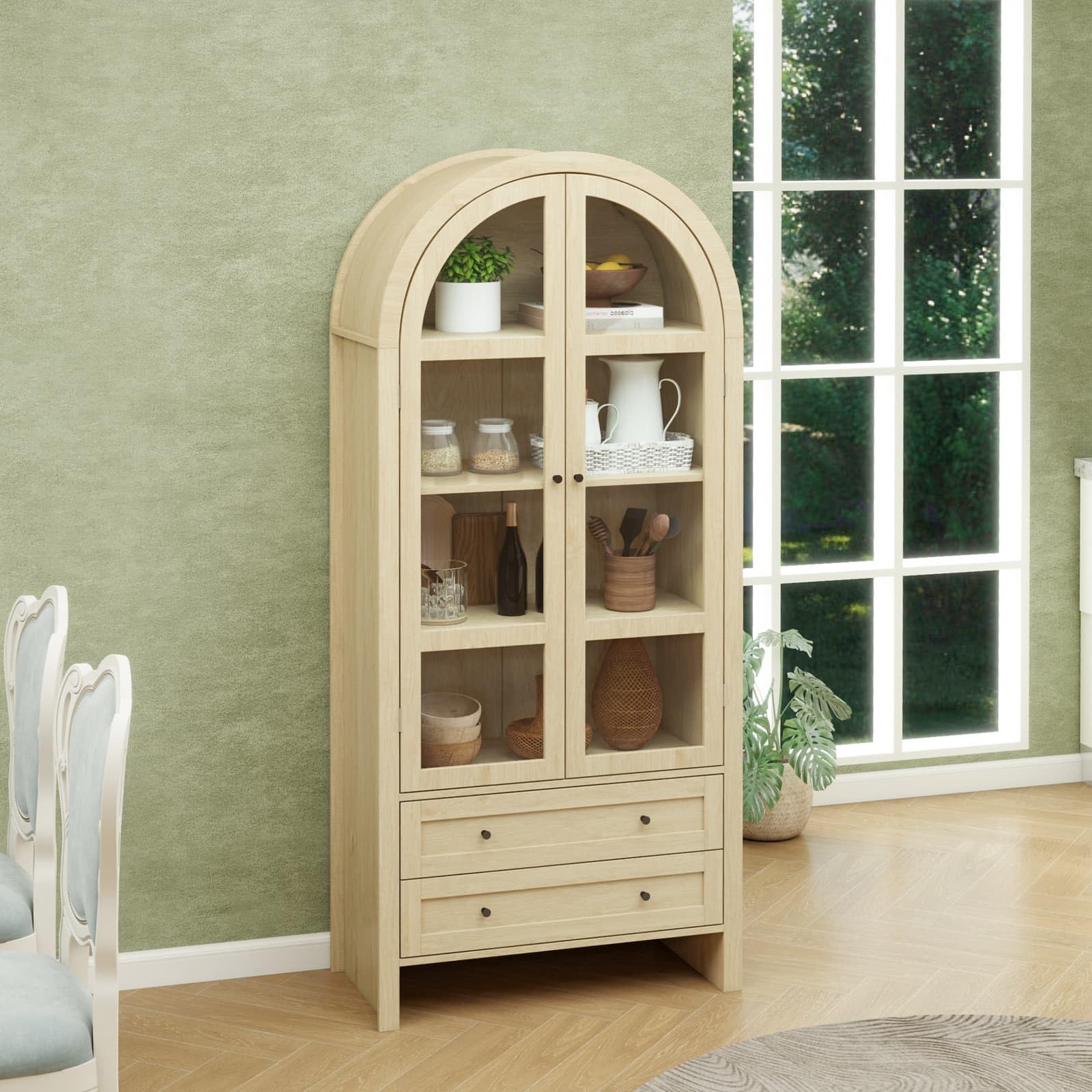 PugSDRLY - Aparador alto con 2 puertas de cristal y cajones, vitrina, arco, mueble de cocina, almacenamiento, armario de madera, 79 x 39,5 x