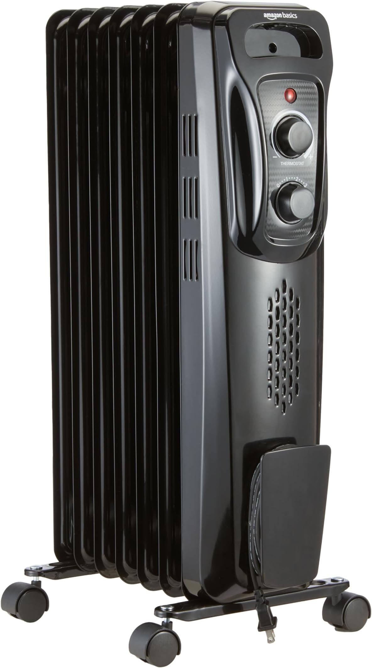 Amazon Basics Portable Oil Radiator Heater, Indoor Use, 3 Heat Settings, Over-Heat Protection, ETL-certified Safety, 7 Oil-Filled Steel Fins, 1500W, Tip-Over Protection, 11"D x 14.8"W x 25.2"H, Black