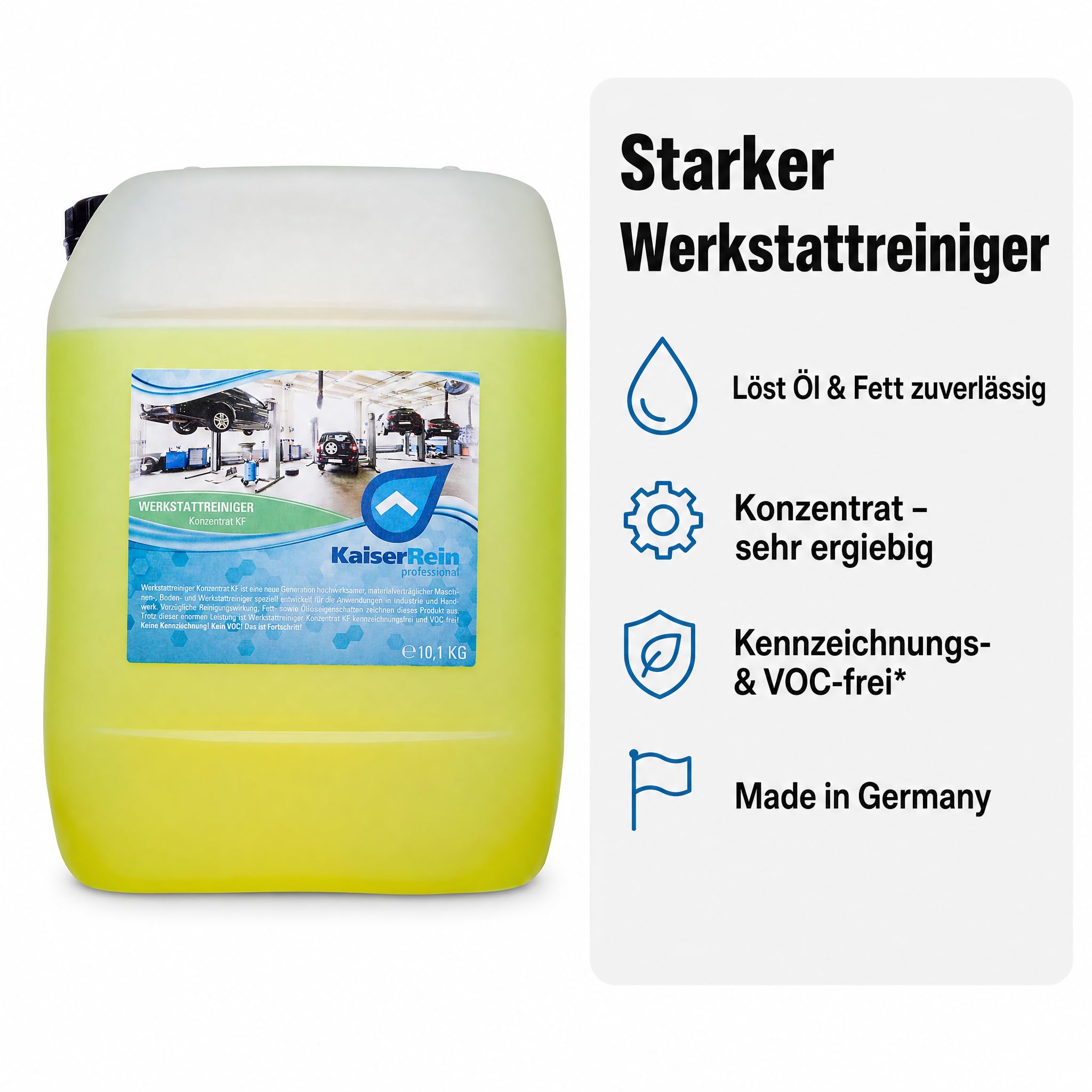 KaiserRein Werkstattreiniger Konzentrat 10 l, Industriereiniger für Boden, Maschinen und Fahrzeuge, universal einsetzbarer Maschinenreiniger/Kaltreiniger, kennzeichnungsfrei & VOC-frei Made in Germany