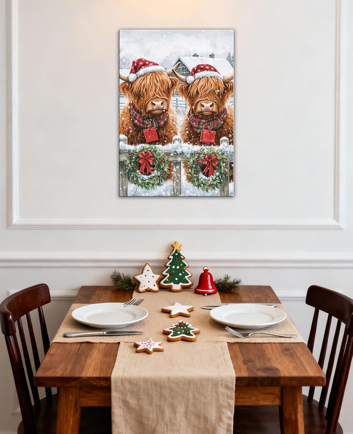 Highland Cow Christmas Canvas Wall Art Cows with Santa Hats Picture Print Winter Farm Animal Poster Rustic Farmhouse Painting for Living Room Home Decor Framed(SNOW-1,12"x18")