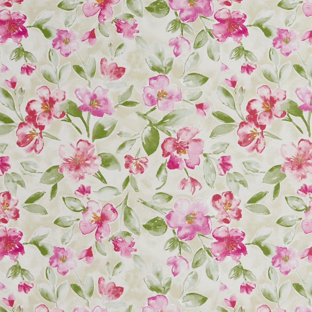 Pink and Green Flowers and Leaves Print Upholstery Fabric by The Yard - SKU: Esther Rose