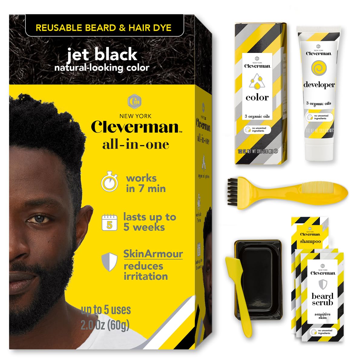 Reusable Hair & Beard Dye System for Men – Up to 5 Uses | 7-Minute Natural-Looking Gray Coverage | No-Drip Cream with SkinArmour® – Cleverman (Jet Black for Black Men)