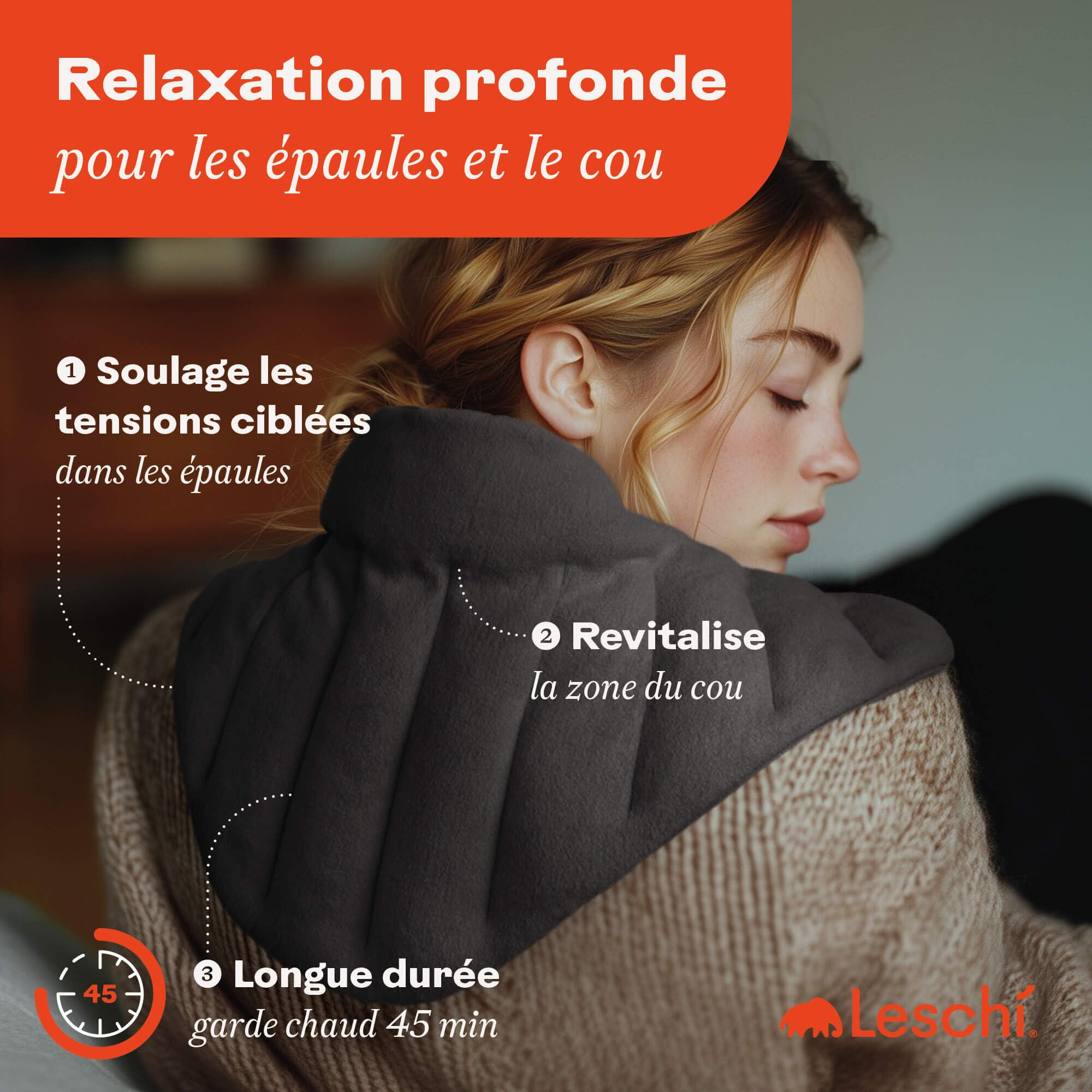 LESCHI XXL Coussin chauffant micro ondes (60x28cm) en coton 100% bio, 11 compartiments, noir, Bouillotte graines de blé 100% bio, Bouillotte micro-ondes idéale pour réchauffer épaules, cou, dos, nuque