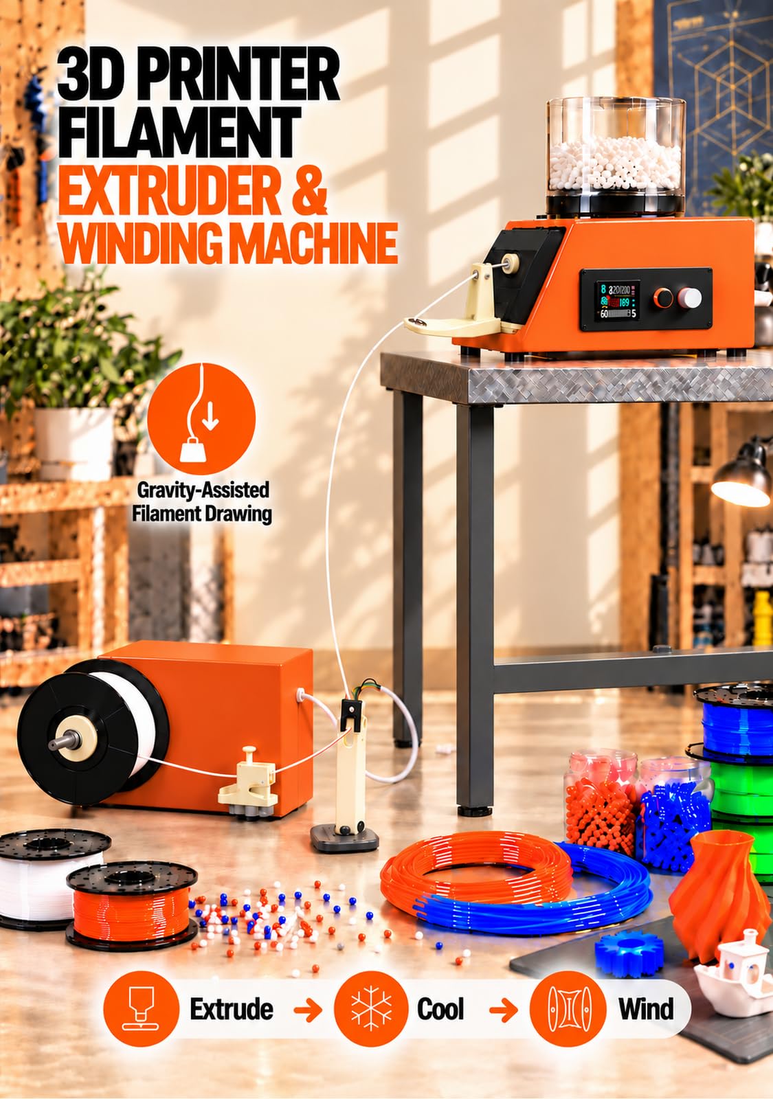 Extrudeuse Filament pour Imprimante 3D & Bobineuse, 300–650mm/min Winder