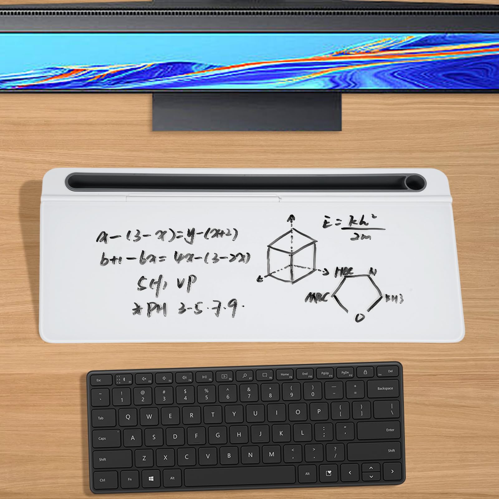 Piccola lavagna bianca da scrivere in vetro per scrivania, lavagna a secco con 5 griglie interne, superficie di scrittura in vetro temperato con supporto per telefono e tablet,