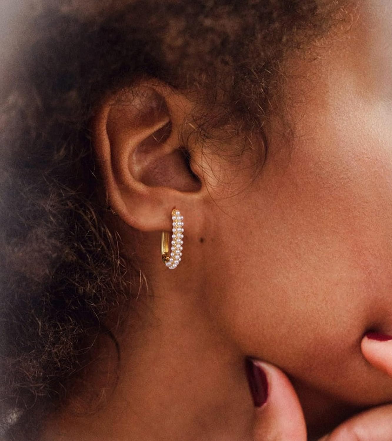 Gold Pearl Hoop Earrings for Women | 18K Gold Huggie Dangle Earrings | Lightweight Small Hoop Earrings - Image 2