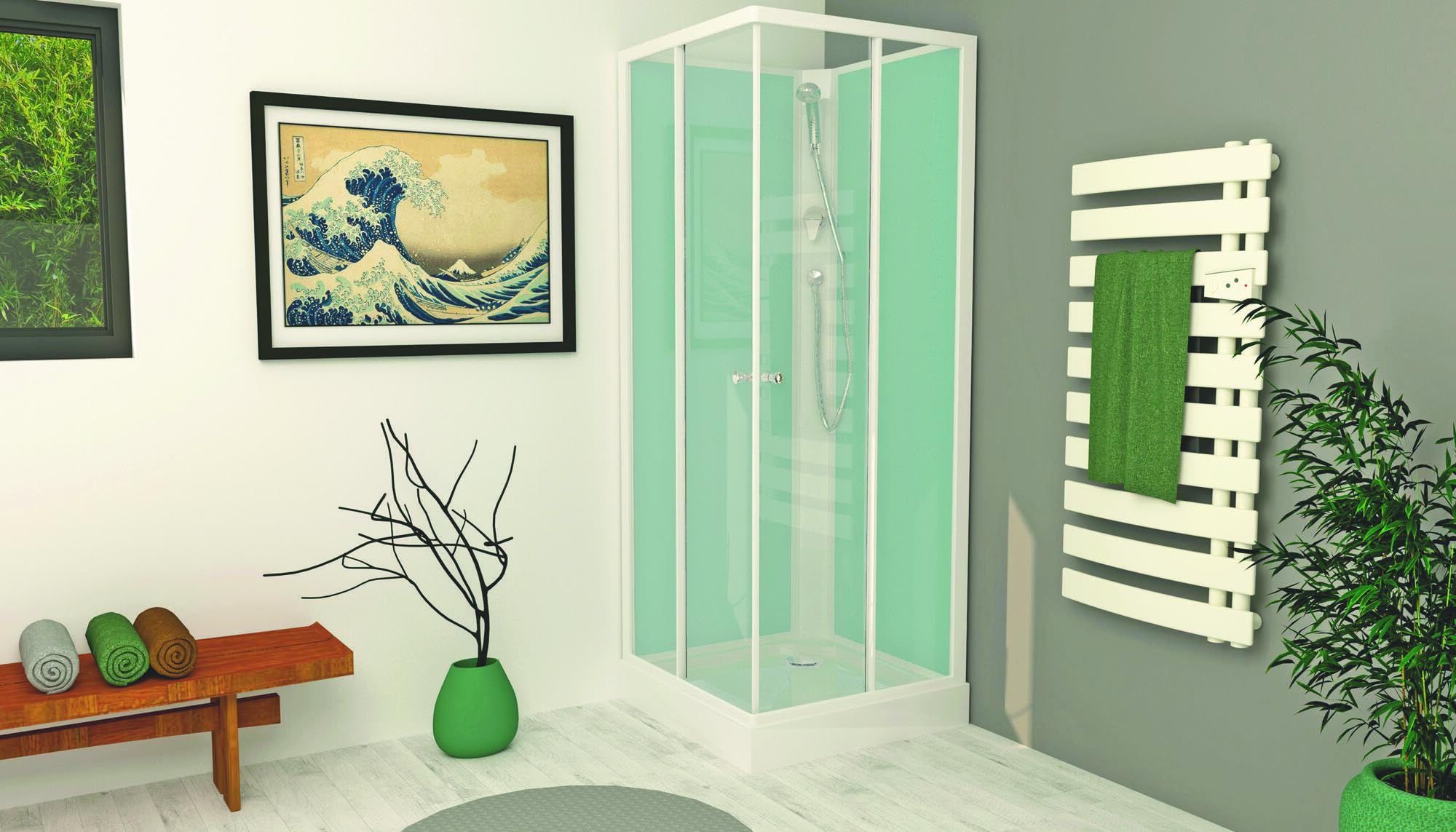 Cabine de douche MINEA - Choix de la couleur de finition. Montage avec silicone - Accès d'angle à portes coulissantes en verre trempé 5mm - 80x80x207-5cm - Livrée en Kit