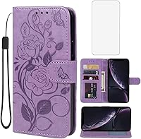 Vista 8 de Funda para iPhone XR con protector de pantalla de vidrio templado, funda de cuero con diseño de flor para tarjeta de crédito con soporte para iPhone