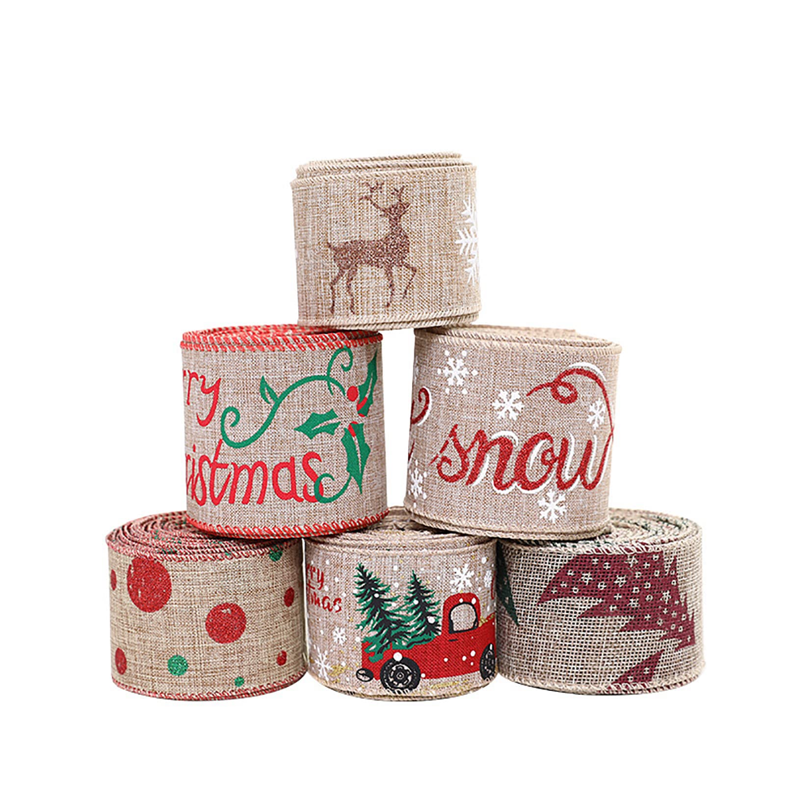 Cinta para Envolver Regalos, 6 Rollos de 2 Metros de Lino, Borde de Coche, Elk Happy, Cinta navideña, Utilizada para decoración navideña, decoración navideña