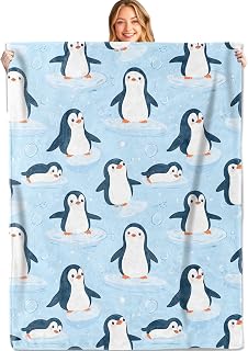 Cute Penguin Throw Blanket,50x60in,Soft,Lightweight Flannel,Animal ICY Blue Blankets - Gifts for Kids Adult Women,for Couch Office Travel,Home Living Room Winter Decor