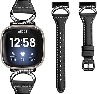 ODENOI Leather Band Compatible with Fitbit Versa 4 Bands/Versa 3 Bands/Fitbit Sense 2 Bands/Sense Bands Women,Leather and D-Shape Bling Metal Combo Wristband Strap for Fitbit Versa 4/3