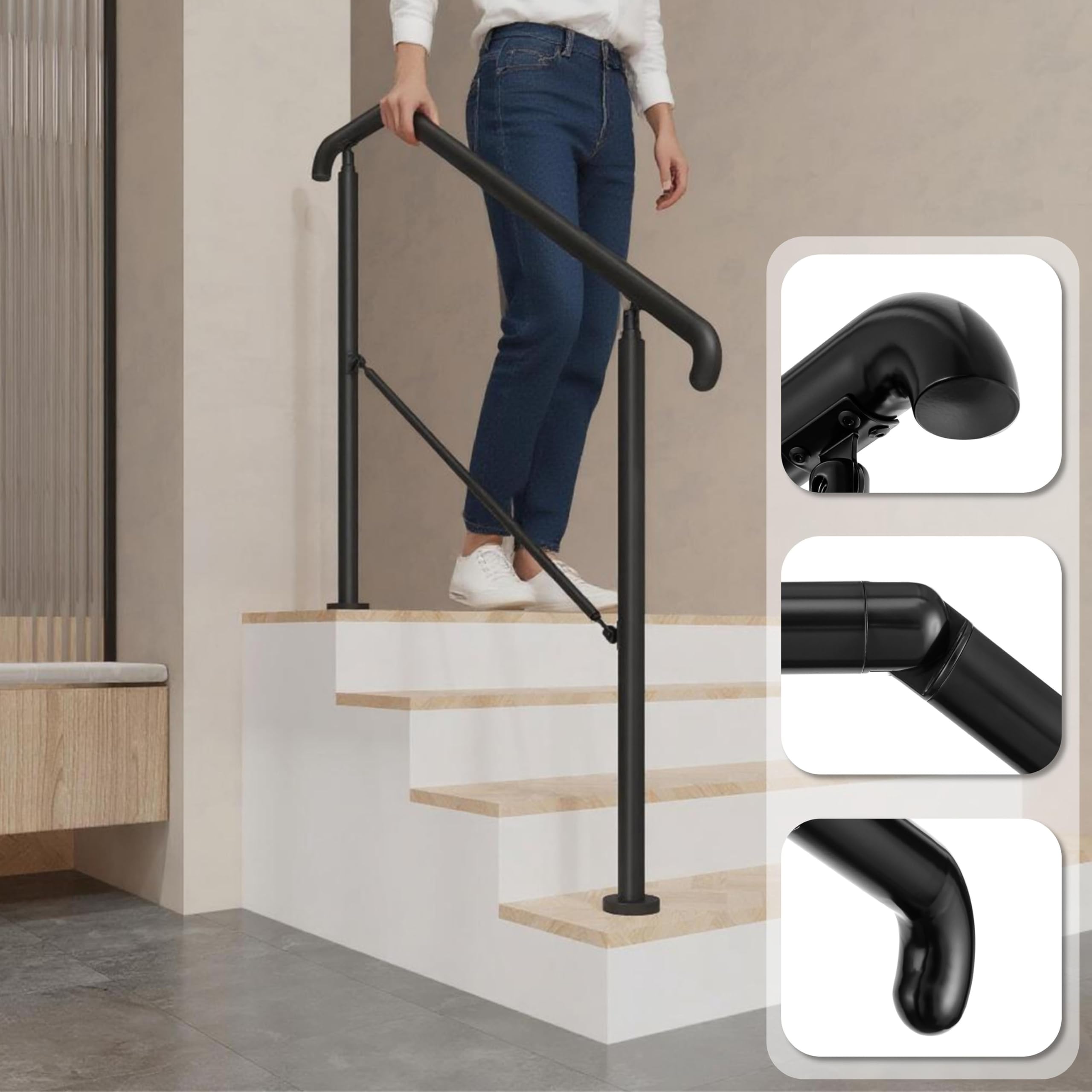 AICA Barandilla de escalera, Barandilla de entrada de acero inoxidable, ángulo de montaje ajustable, Barandilla para entradas, interior y exterior, Negro, 162x102 cm