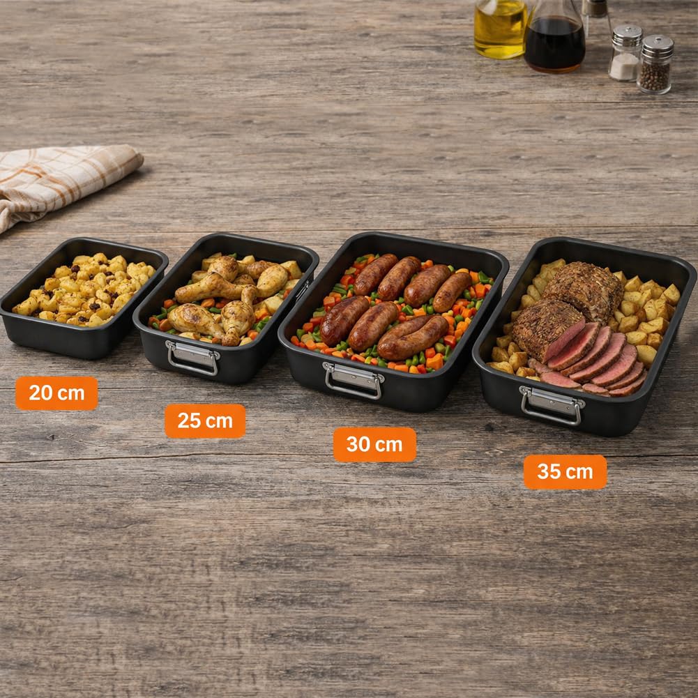 BAKAJI Set 4 Teglie Vulcano Rettangolari da 20-25 - 30-35 cm da Forno con Maniglie e Fondo Antiaderente e Cottura Omogenea, Teglia Ideale per Cucinare Rapidamente Lasagne, Dolci, Facile da Pulire