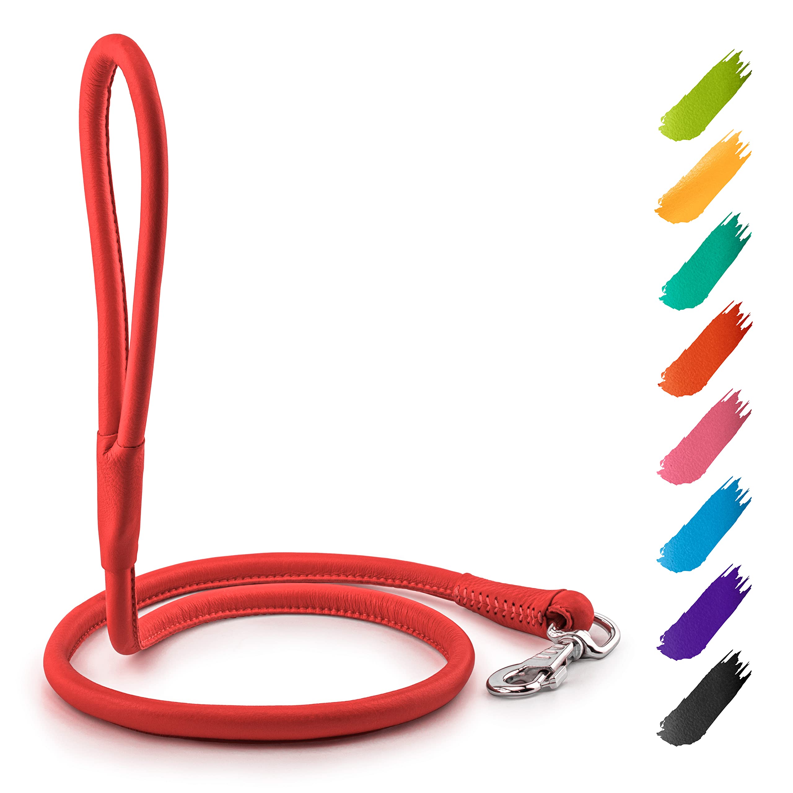 WAUDOG Rolled Leather Dog Leash 4Ft * 0.4 in for Small Medium and Large Dogs - Heavy Duty Leather Puppy Leash for Outdoor Walking Running Training -