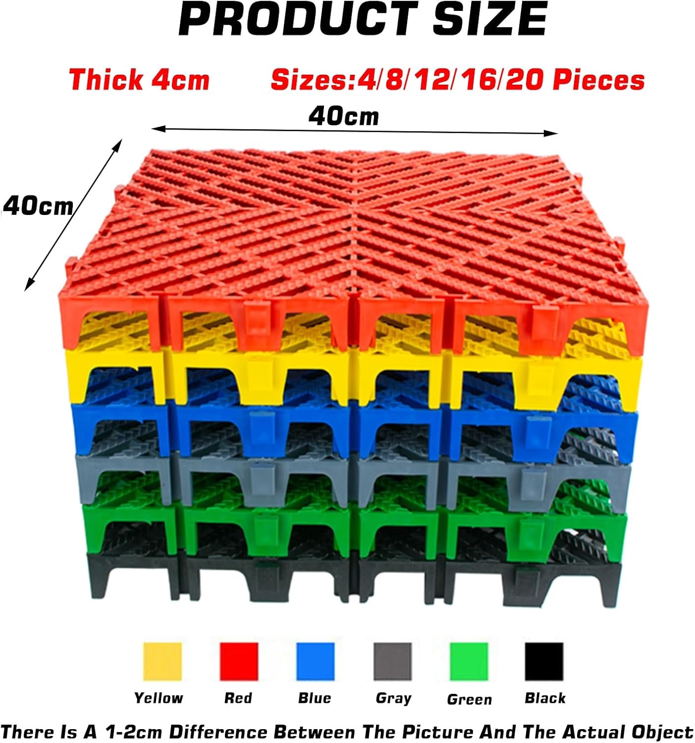 Modular Interlocking Floor Tiles for Car Wash & Garage - Drainage Grille Shower Mat, 15.75"x15.75"x1.57", Black, Set of 4, Durable & Easy to Clean