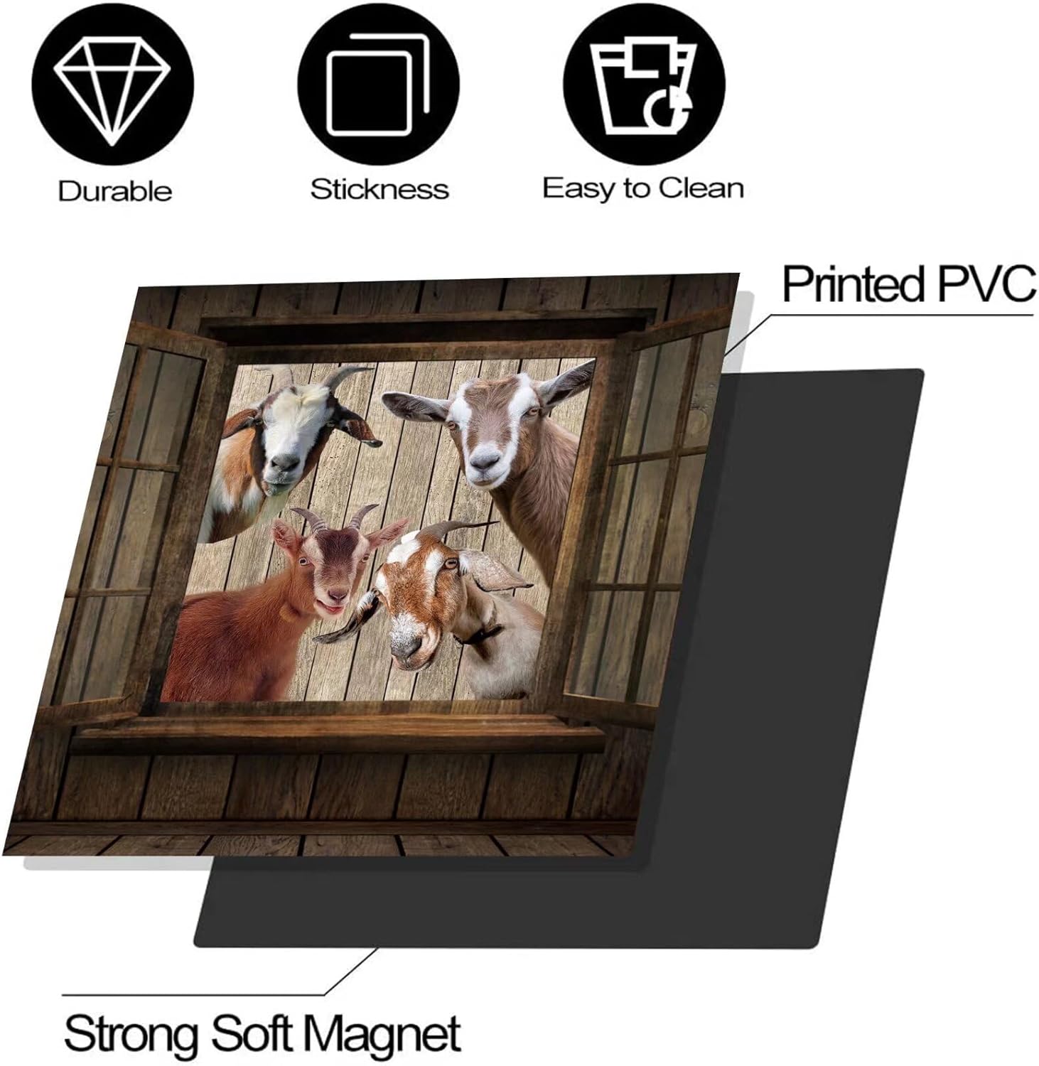 Funny Goats Magnets Fridge Stickers,Wood Grain Windows Goat Pattern Dishwasher Magnets Decorative Cover,Animal Sticker Kitchen Decor, Vintage Refrigerator Door Panel Decal