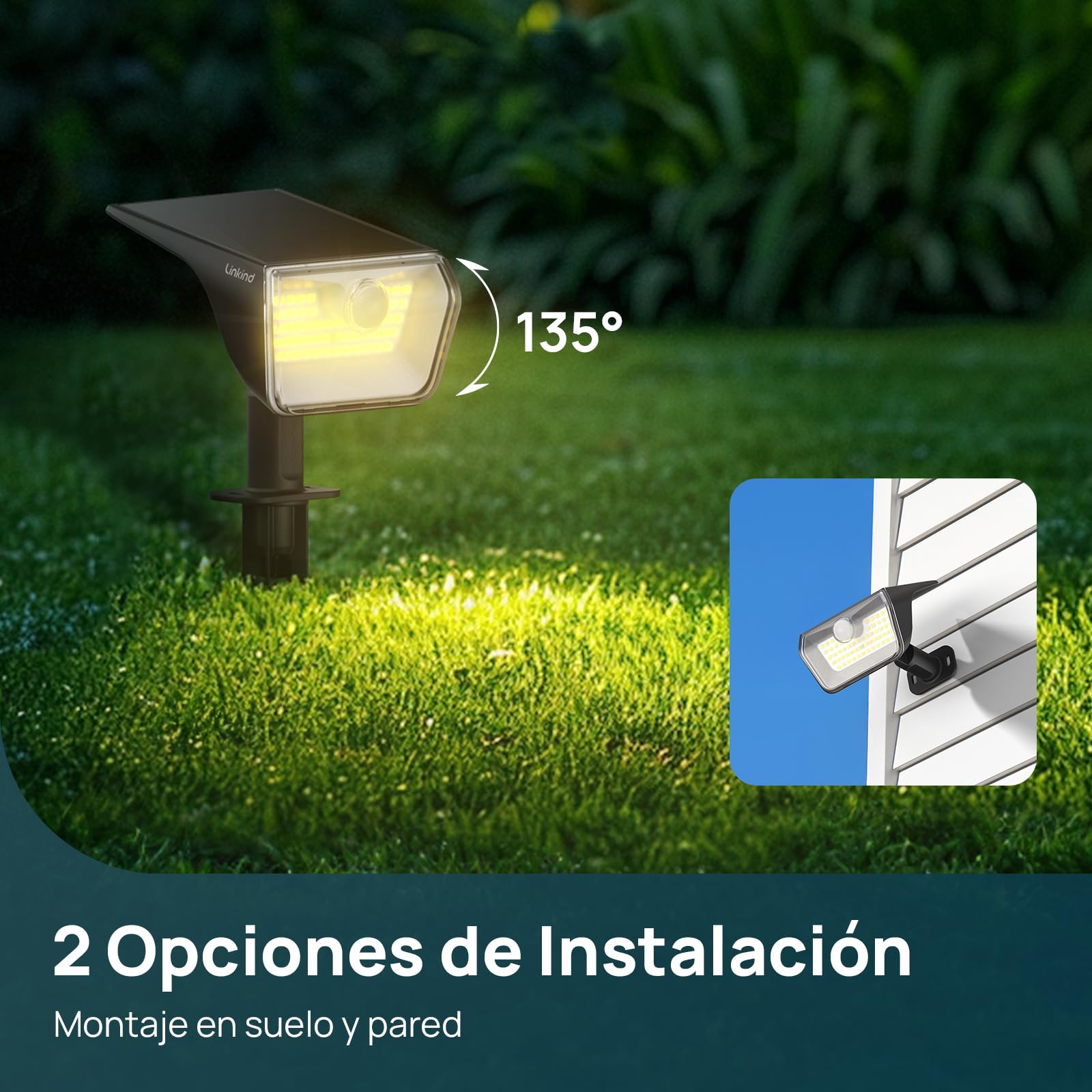 Linkind 2 en 1 Luz Solar con Sensor de Movimiento,3000K & 6500K,60-LEDs Lampara Solar Exterior Para Jardín con indicador de carga, Impermeable IP67,6 Piezas