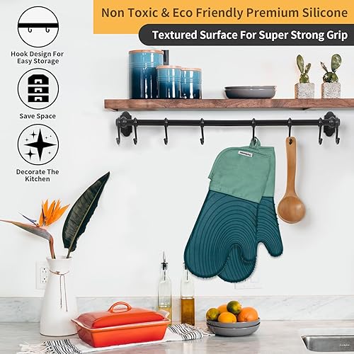 Miniatura 6 de Paquete de guantes de silicona para horno, guantes forrados de algodón, sin BPA, guantes largos de cocina y salvamanteles, guantes de silicona para