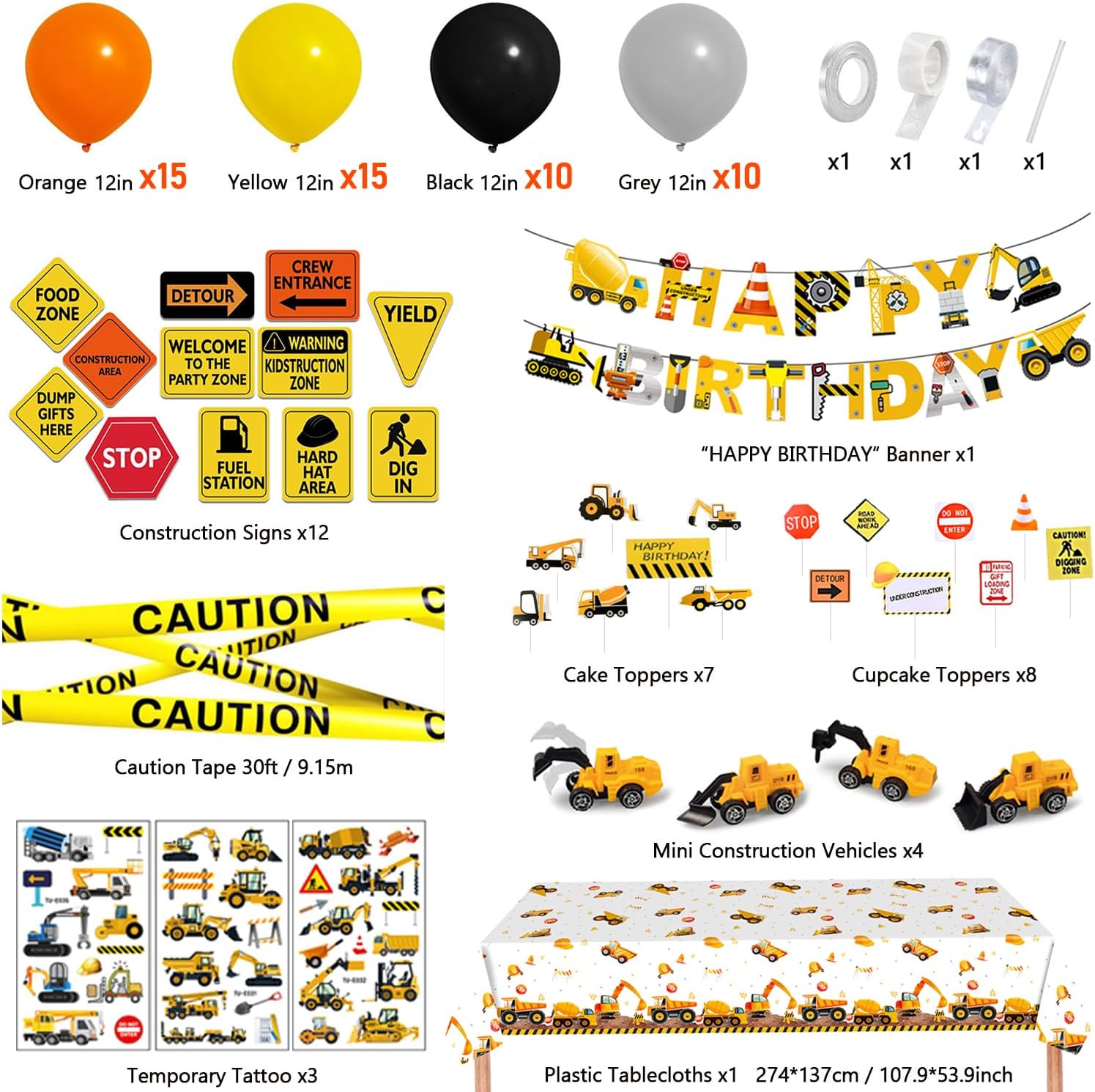 Construction Birthday Party Decorations - Construction Balloon Arch Kit,12 Wall Decor Sign,Yellow Caution Tape,4 Mini Construction Vehicle,Tattoos,Banner,Tablecloth,Cake Topper,for Kids Birthday Party - Image 6