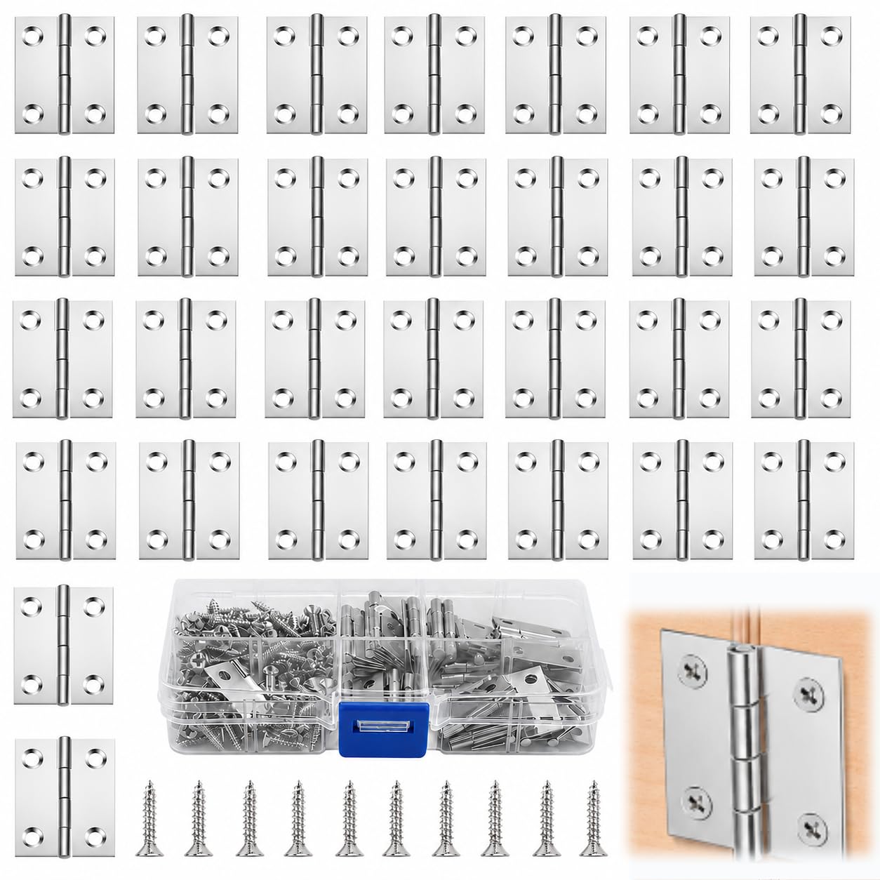 OLRWSLG 30 Pcs Door Hinges, 25mm Stainless Steel Door Butt Hinges Folding Small Door Hinge Internal Cabinet Hinge for Wood Home Furniture Cabinet Hardware Connectors with 120Pcs Screws