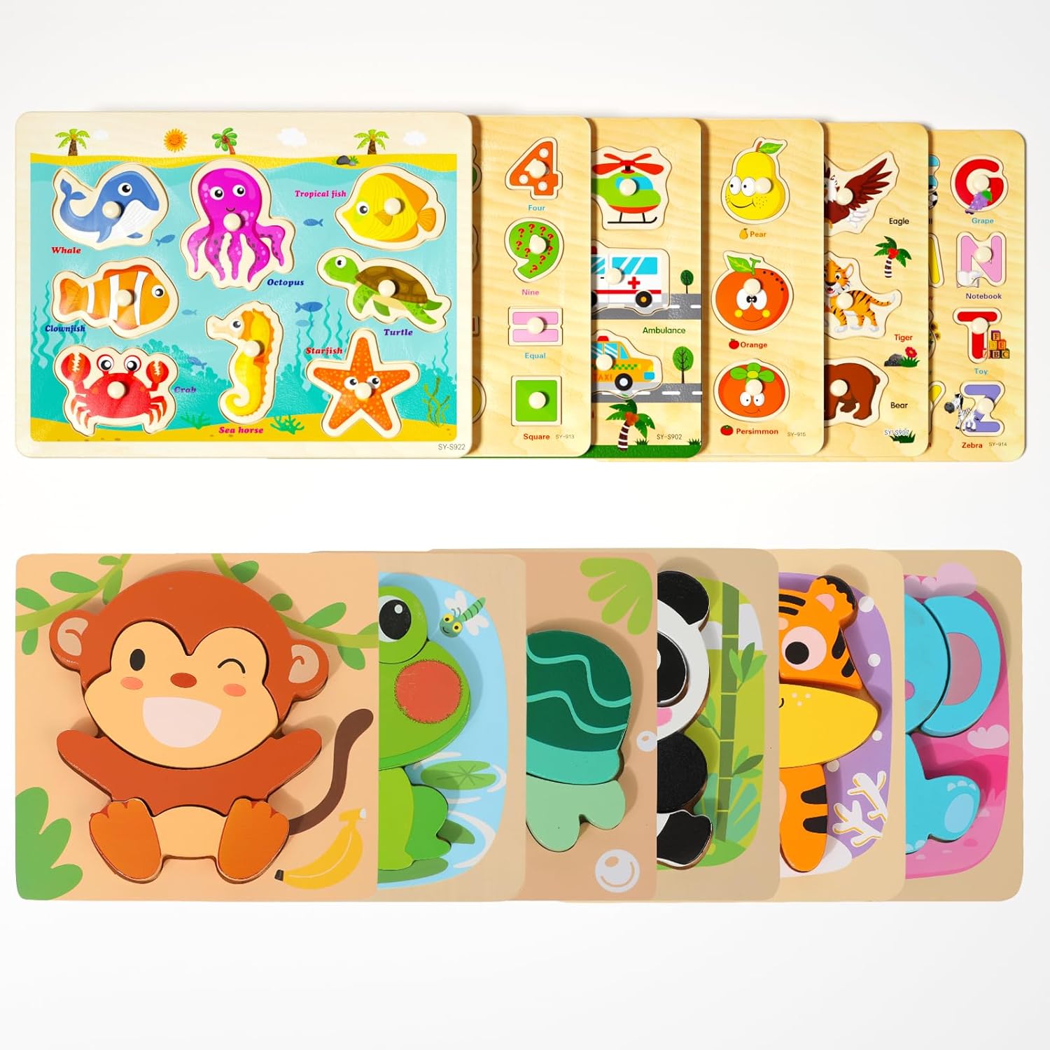 6 Pack Peg Puzzle & 6Pack Animal Puzzle for Toddlers 2-4, Montessori Toys for 1 2 3 Year Old, Educational Learning Toys for Girls Boys