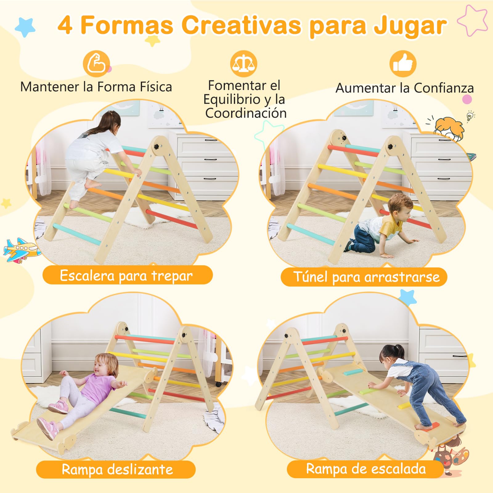 COSTWAY Triángulos de Escalada Plegables y Ajustables 3 en 1, Juguetes Triangulares de Escalada para Niños con Rampa Deslizante, Escalador Triangular de Madera Montessori (Multicolor)