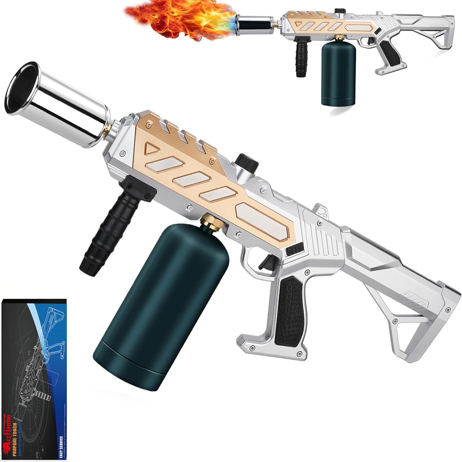 Adjustable Propane Torch Gun – High-Temperature Flame Thrower for Soldering, Welding, Gardening, and Outdoor Cooking – Detachable Design, Easy to Use and Portable (Silver Gold)