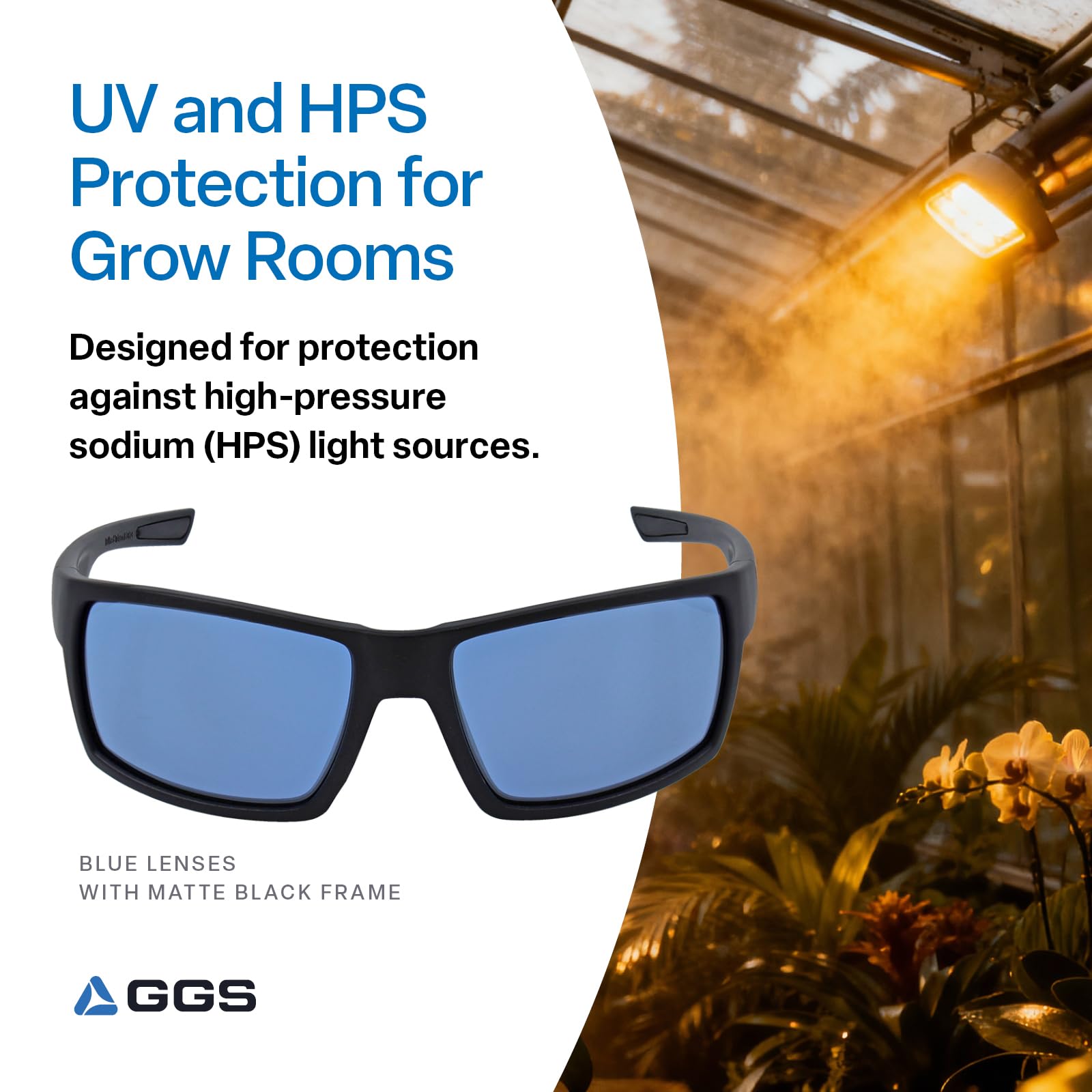 Bullhead Safety Sawfish - Gafas de cultivo con lentes bloqueadoras HPS, protección ocular completa para uso en horticultura y jardinería interior, lente azul con marco completo negro mate, talla única