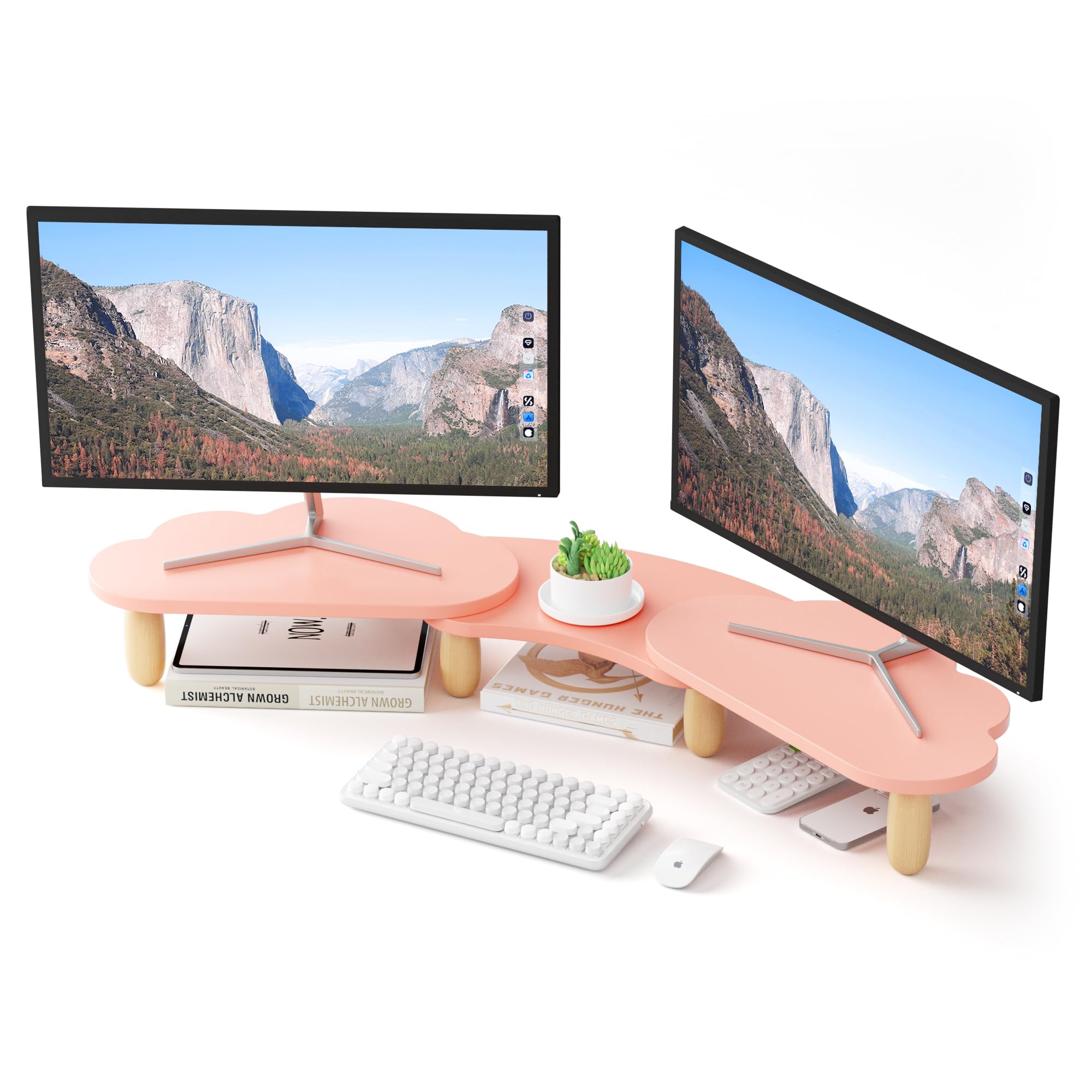 Dual Monitor Stand Riser,Rainbow Cloud Desktop Computer Stand for 2 Monitors,Adjustable Length and Angle Multifunctional Desktop Organizer Stand for Laptop, PC, Computer, Printer,Pink