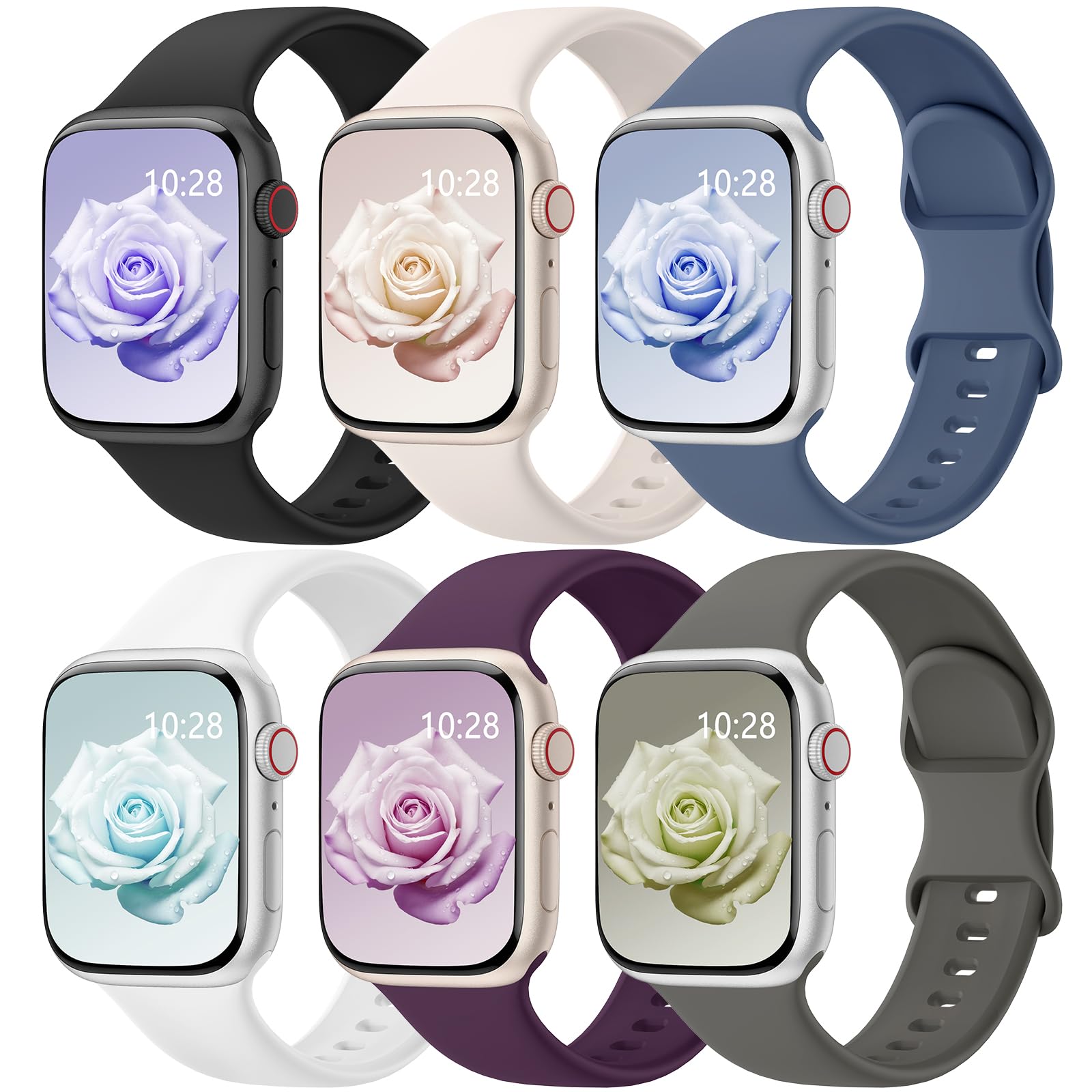 6 Pack Sport Bands Compatible with Apple Watch Bands 38mm 40mm 41mm 42mm 44mm 45mm 46mm 49mm for Women Men, Soft Wristband Silicone Sport Strap for iWatch Bands Series 11 10 9 8 7 6 5 4 3 2 1 Ultra SE