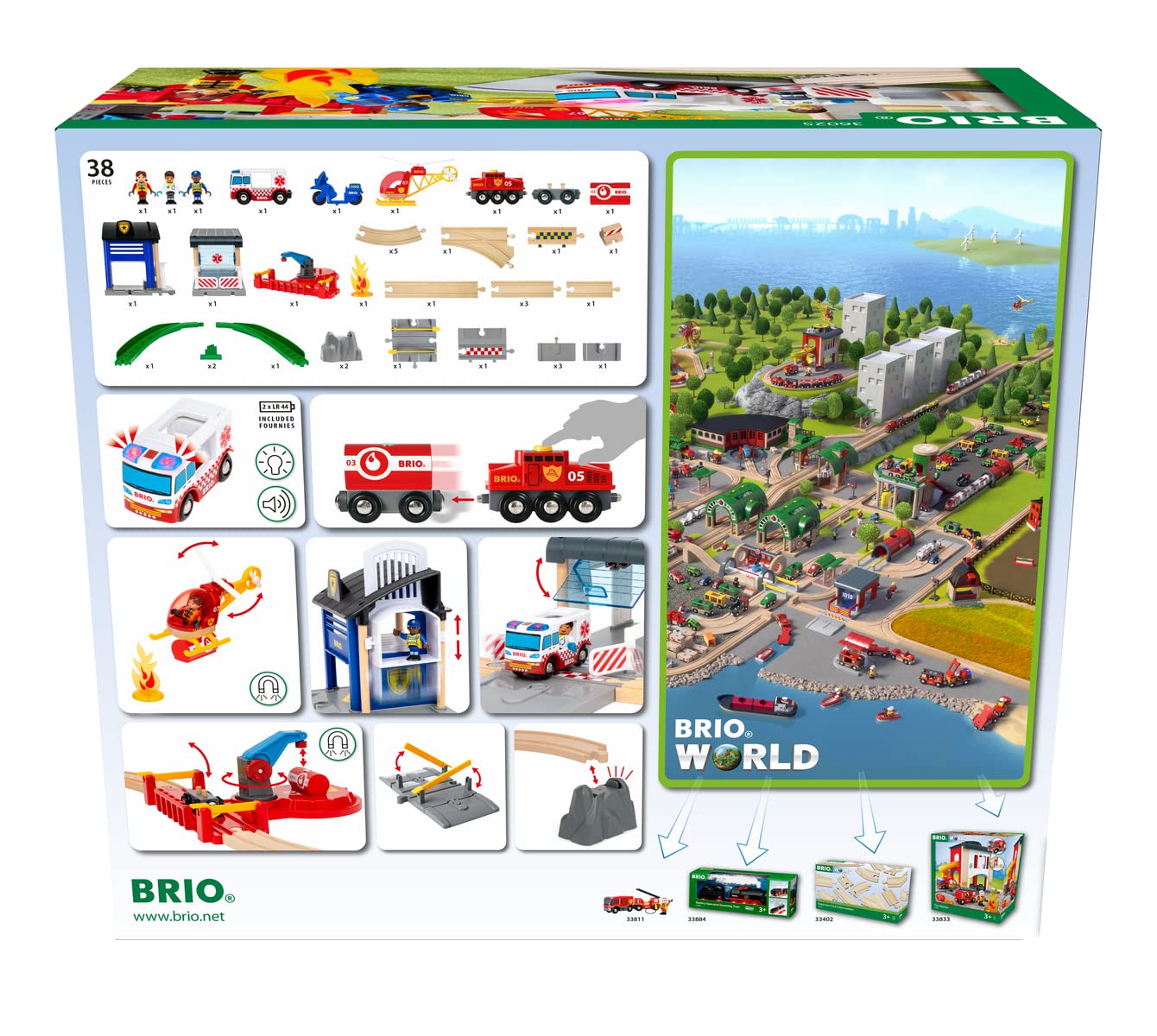 BRIO World 36025 Polizei und Feuerwehr Set Deluxe & 36022 - Rettungshubschrauber - Empfohlen für Kinder ab 3 Jahren
