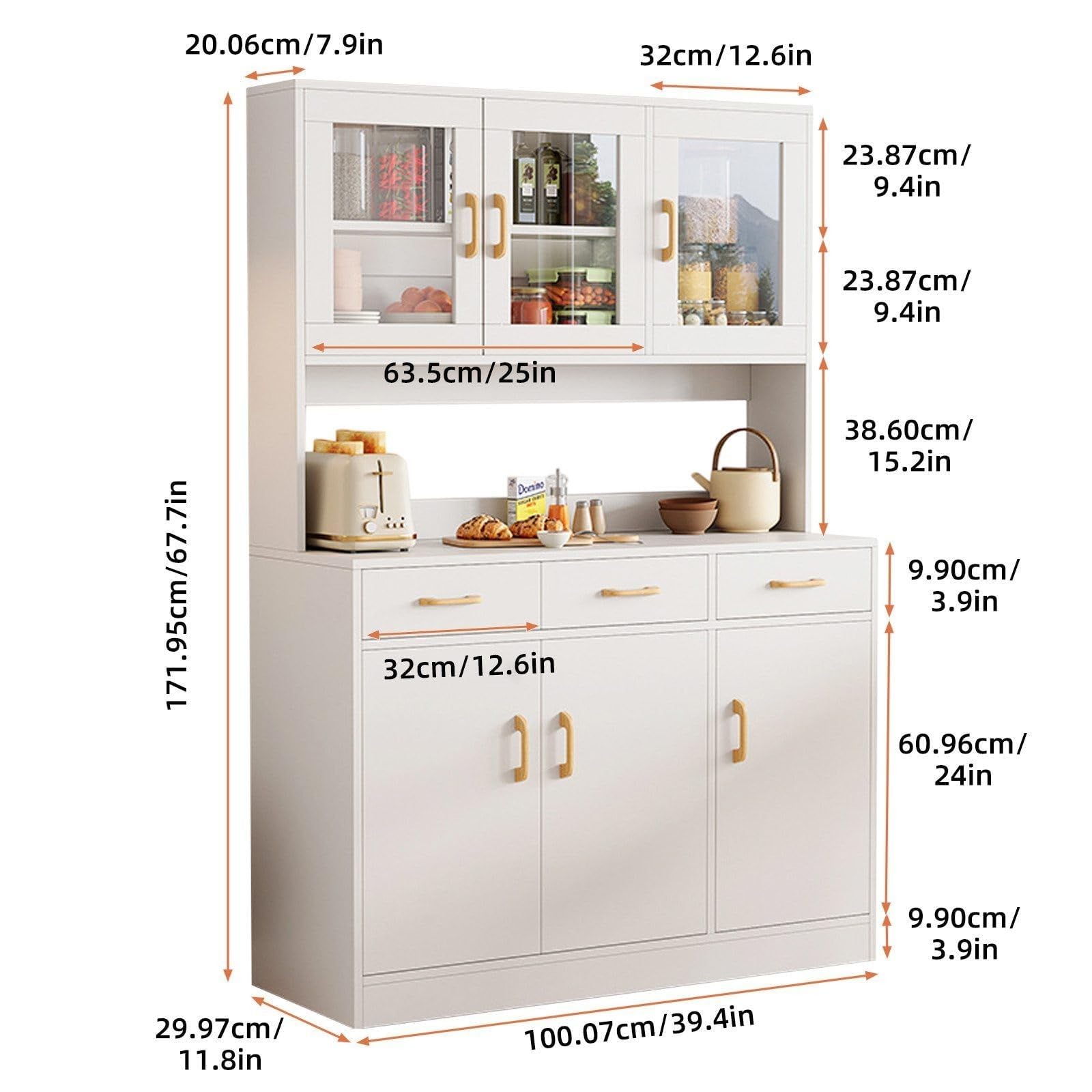 Armario de Cocina de 170 cm, Armario Alto de Madera, Aparador, Armario Multiusos con Cajones y Puerta de Cristal, Comedor, Baño, Oficina, Trastero, Blanco