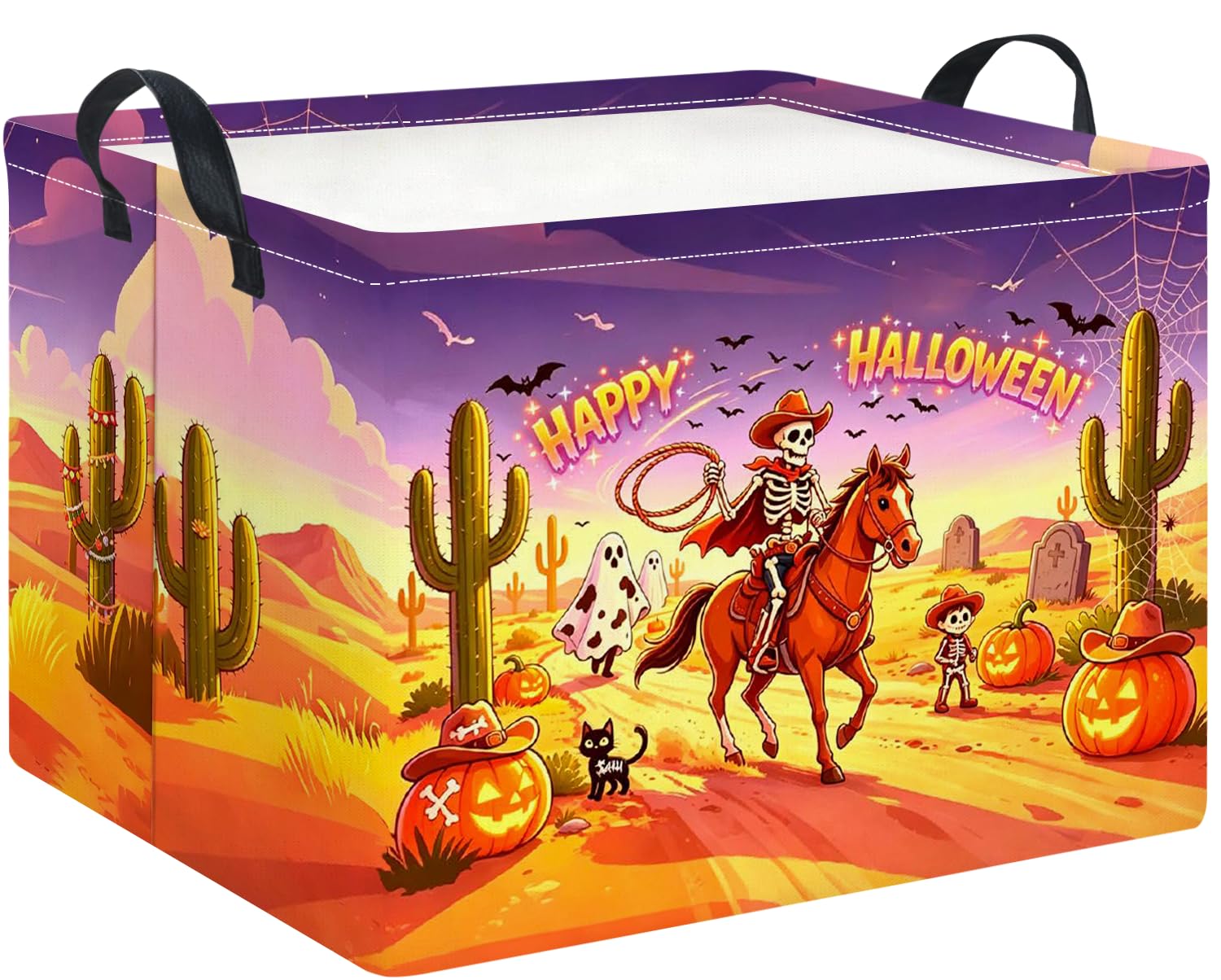 Rectangle Storage Basket with Handles,Collapsible Storage Bin,Books Box,Gift Basket(Cowboy Halloween)