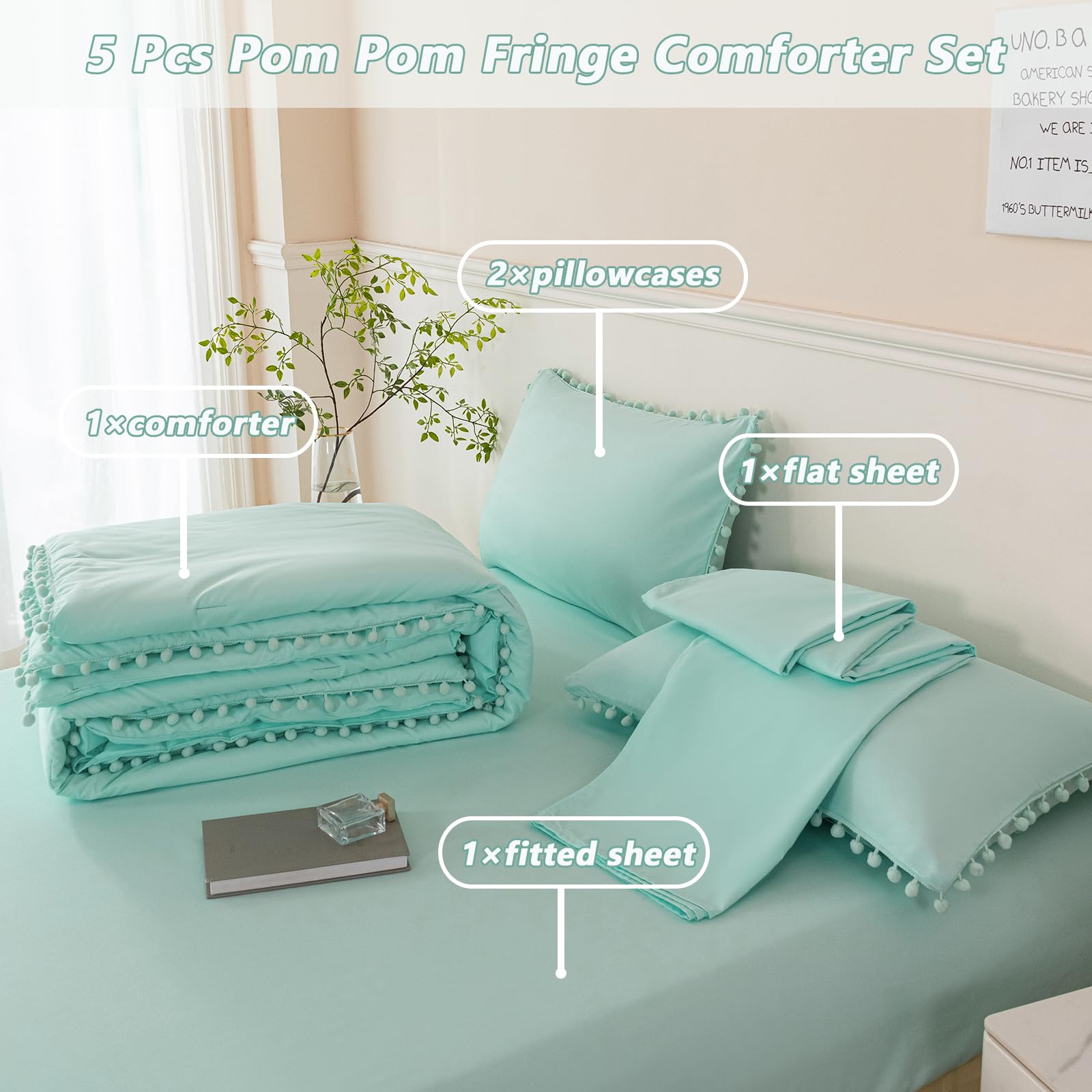 Amazon.com: PERFEMET Mint Green Comforter Full Size 5 Piece Bed in