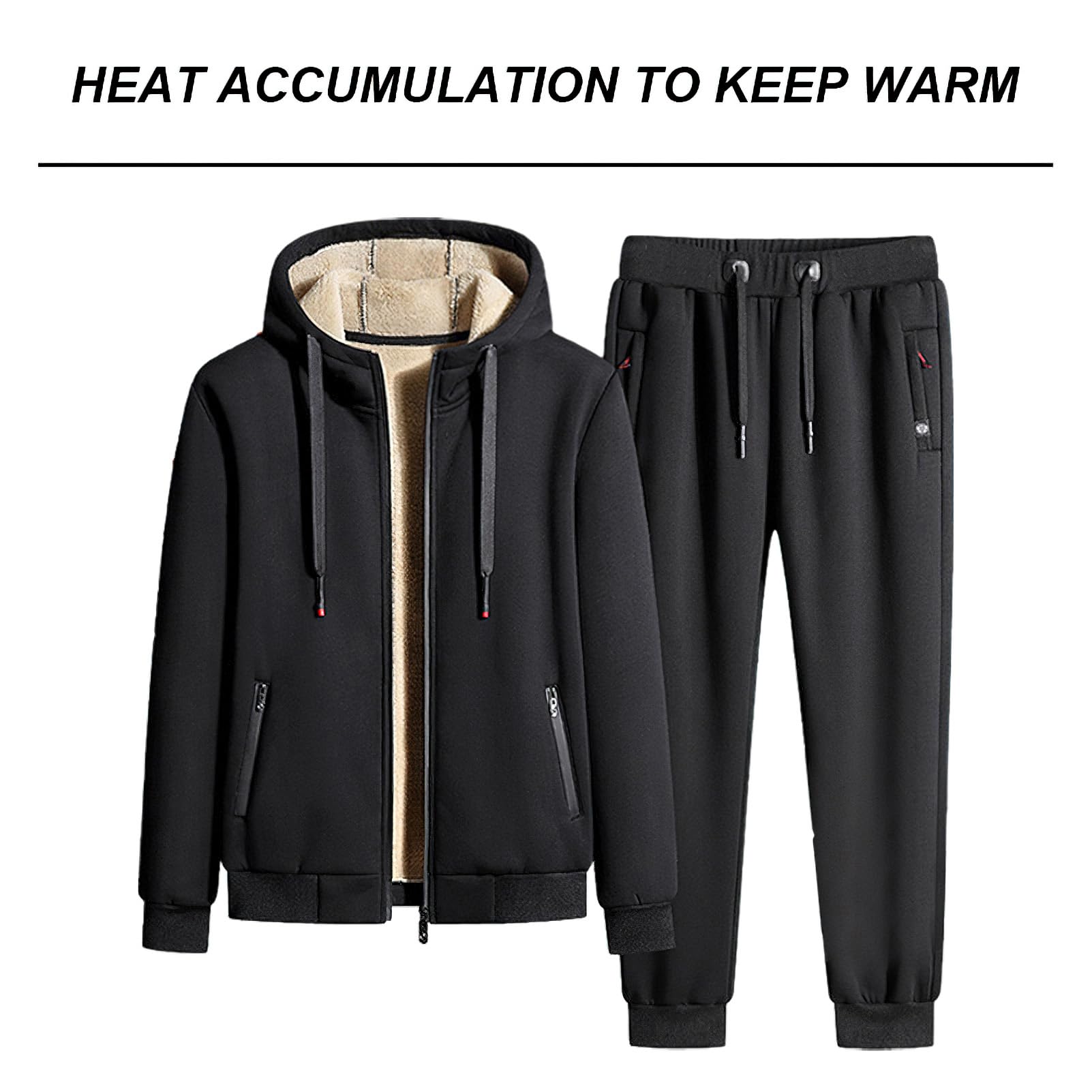 Homme Hiver Ensemble de Survêtement en Coton Doublé de Polaire Veste à Capuche et Pantalon de Jogging avec Poches Zippées