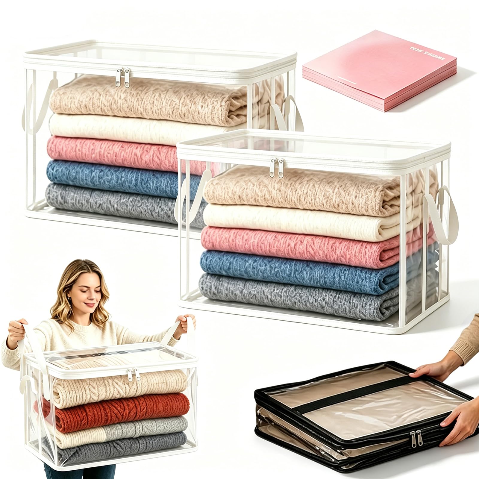 Large Heavy-Duty Thick Plastic Clear Storage Bag for Clothes, Moving & Storage, Clear Stackable Storage Bins with Reinforced Handles & Zipper, Packing Boxes for College Moving, Books, Blankets (A2,2)