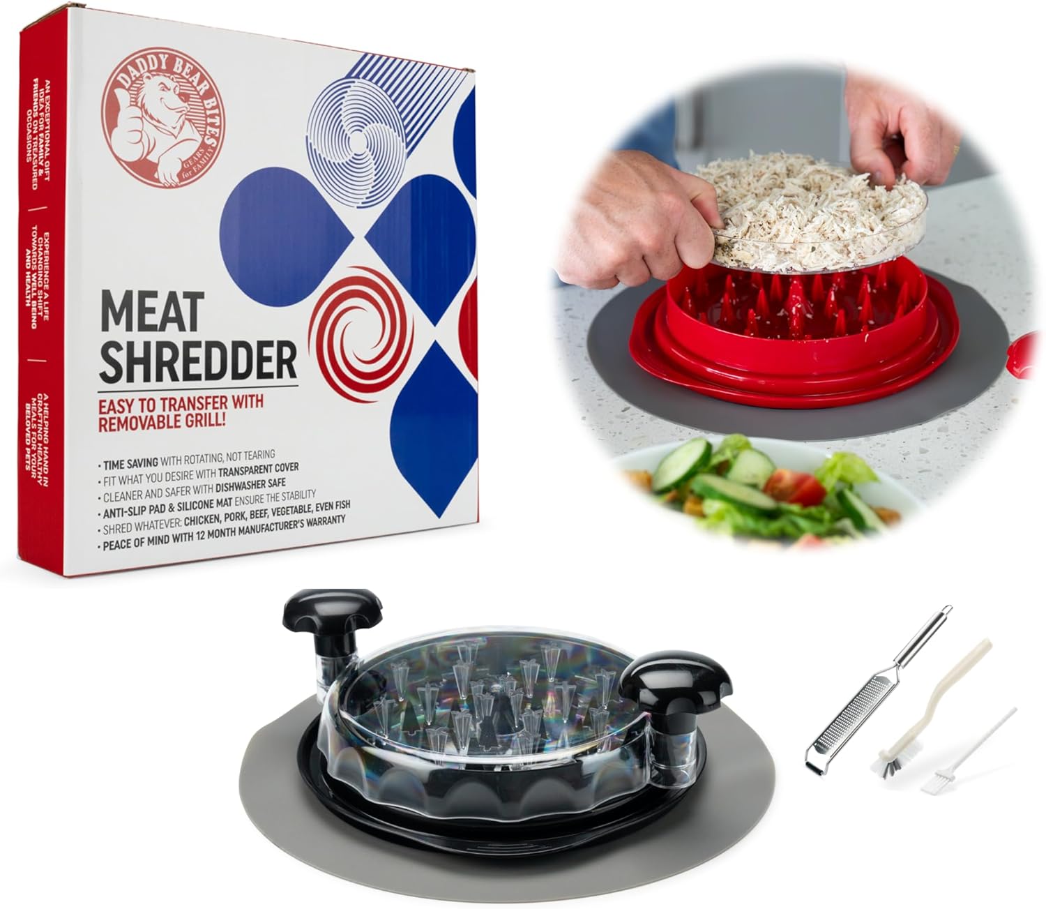 Meat Shredder Tool Premium Bundle! Shredded Chicken Tool with Shredding Grill, Cleaning Brush, Non Slip Mat and Cheese Grater! Meat Breaker Upper Chicken Shredders for Kitchen, Black