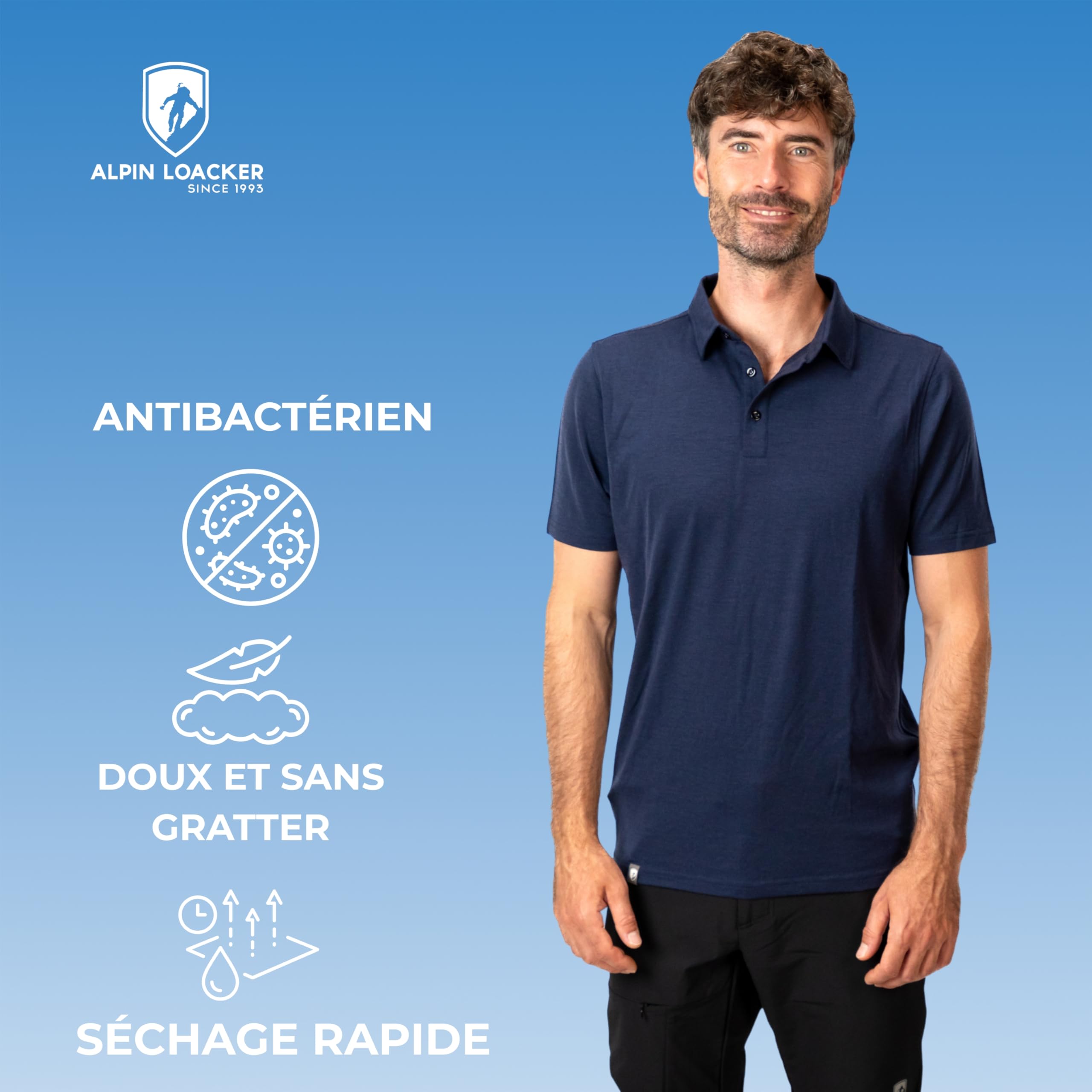 ALPIN LOACKER T-Shirt en Laine mérinos à Manches Courtes pour Homme - Anti-Transpiration - Haut Thermique Respirant et Polo, Polo Marine XL