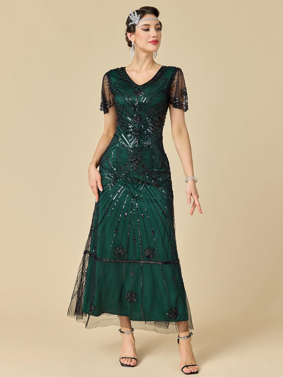 Women's Flapper Dress 1920s V-Neck Evening Gown Sequin Beaded Maxi Dress for Wedding