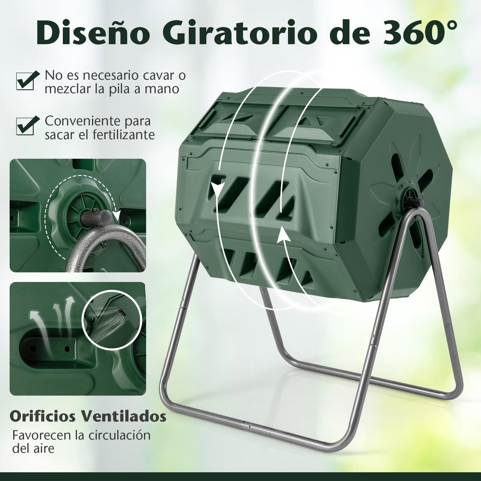 COSTWAY Compostador Jardin Giratorio 360° 160L, Contenedor de Compost, Tambor de Compostaje de Doble Cámara con 2 Puertas Correderas, Marco de Metal Resistente, sin BPA para Desechos de Jardín (Verde)