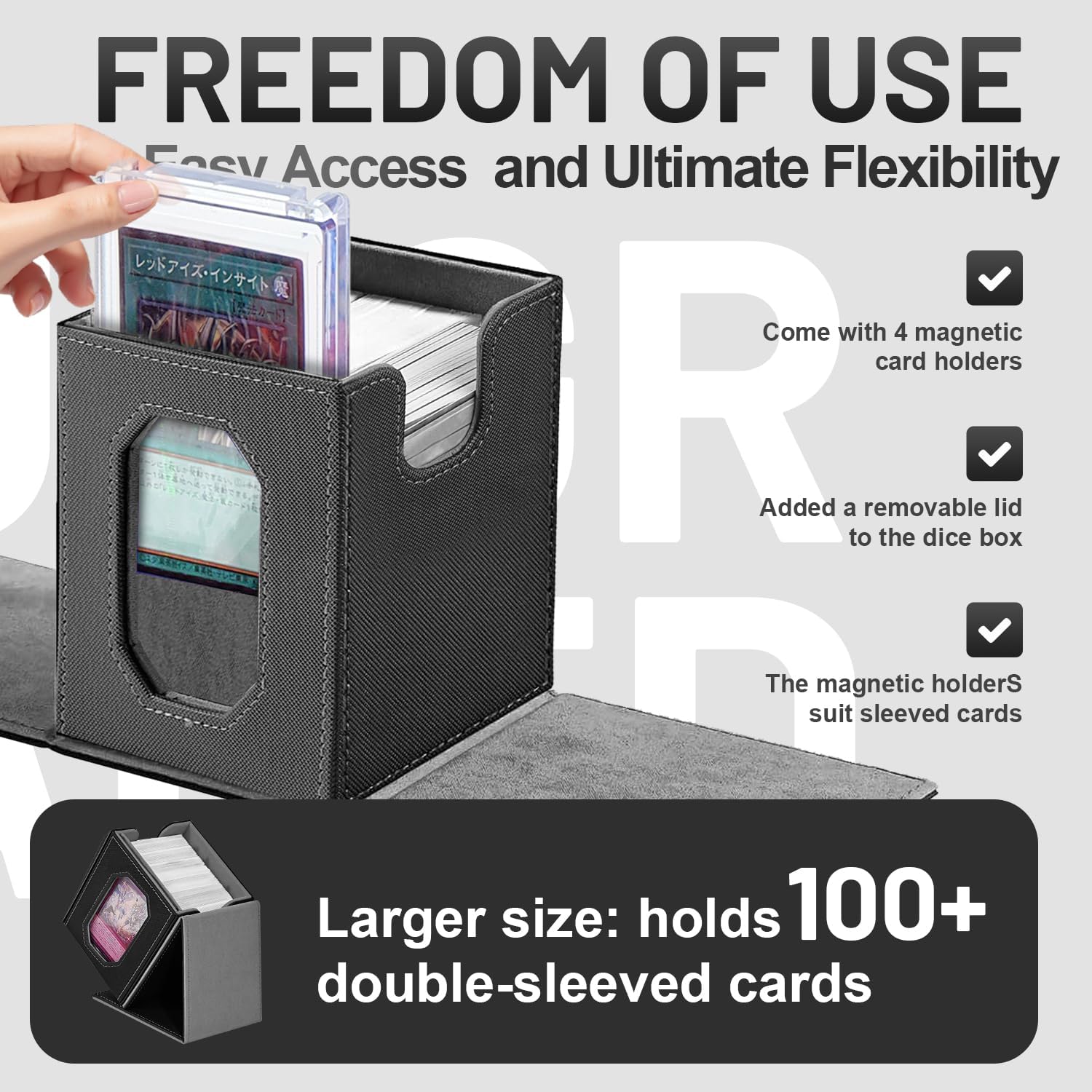 Trading Card Storage Box with Commander Display for MTG, TCG, Sports Cards, 5-in-1 Card Deck Box, Holds 450+ Double-Sleeved Cards, 4 Individual Deck Cases with Covers, Dice Tray & Magnetic Holders
