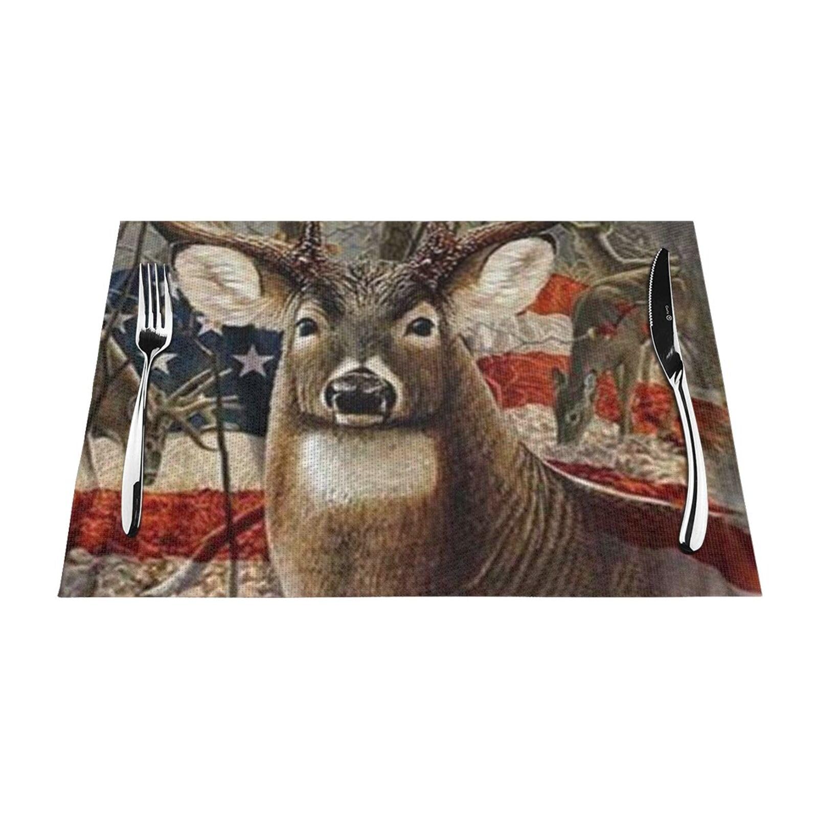 PVC Placemat Set of 6 PCS, 45x30 CM, Deer Hunting Season Printed Non-Slip Heat Resistant Place Mats for Kitchen Dining Table Indoor Outdoor