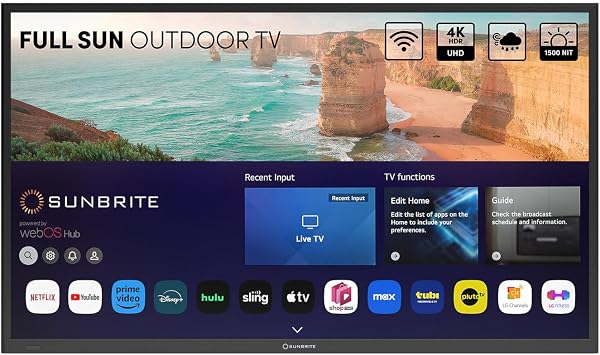 SunBrite 49 Solis Smart Outdoor Television, Full-Sun 4K TV, 1500-Nit Brightness, Anti-Glare Screen, IP55 Weatherproof, Wi-Fi Bluetooth, Integrated Speakers SB-FS-49-BL
