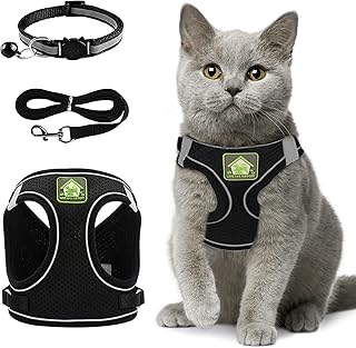 Verstellbares Katzengeschirr Ausbruchsicher, Verstellbares Katzen Geschirr Mit Leine, Weichem Innenfutter Und Atmungsaktivem Mesh, Reflektierend Geschirr Set Für Outdoor Training Gehen, M (Schwarz) product image