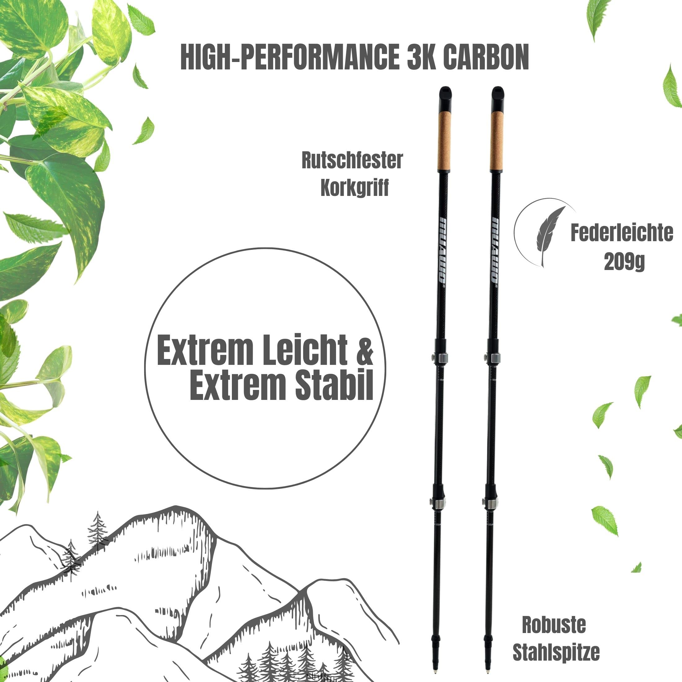 Muawo verstellbar Premium Nordic Walking Stöcke | 100% Carbon, ultraleichte 209g, 64-135cm Easy-Clickverschluss | Trekkingstöcke, Wanderstöcke, Walkingstöcke Herren & Damen