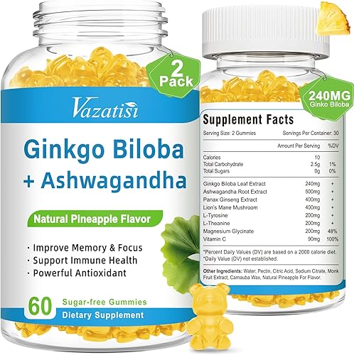 Miniatura 10 de Ginkgo Biloba - Gomitas de 240 mg con Panax Ginseng para un mejor estado de ánimo y concentración, mejora la salud cerebral, 60 gomitas veganas