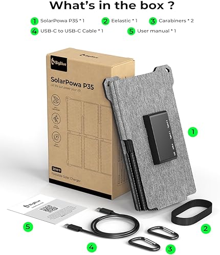 Miniatura 8 de BigBlue Cargador de panel solar portátil de 35 W con carga rápida USB-A y PD 25 W USB-C para acampar mochileros, 1.54 libras, IP68 impermeable,