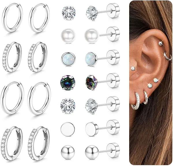 Jstyle Hypoallergenic Stud Hoop Earrings for Women Small Flat Back Surgical Stainless Steel Earrings for Sensitive Ears Trendy Silver Hoops Cartilage Earring Stacks Set Multiple Piercing Jewelry Gifts