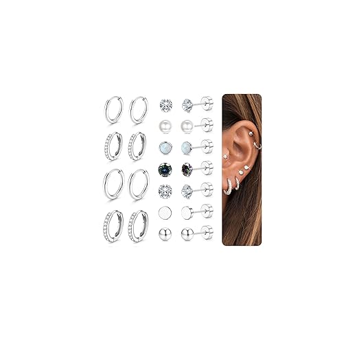 Jstyle Hypoallergenic Stud Hoop Earrings for Women Flat Back Cartilage Earrings Small Silver Hoops Surgical Stainless Steel Earring Trendy Earring Stacks Set Multiple Piercing Jewelry Gifts for Women