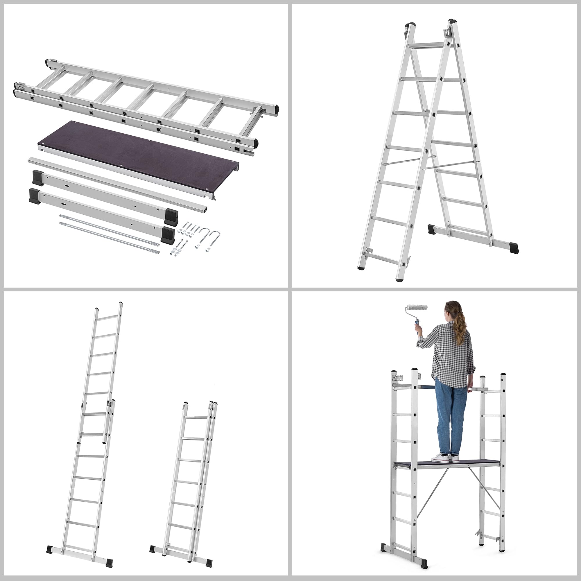 KADAX Rusztowanie aluminiowe wielofunkcyjne z platformą 114x187 cm, 14-szczeblowe, antypoślizgowe stopki, do prac budowlanych i remontowych